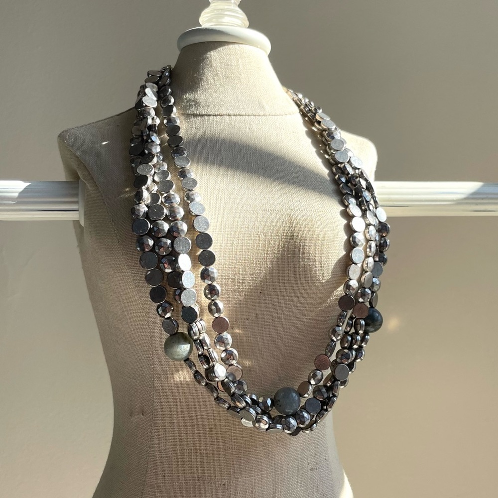 Statement Multi Layered Silver Beaded And Gray St… - image 3